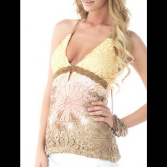 Sky Genuine Suede Leather Yellow Crochet Lace Top - Picture 3 of 5